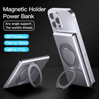 PB12 New design 5000mAh Ultra-Slim Portable Magnetic wireless charging Aluminum Alloy Power Bank with 360 rotating holder